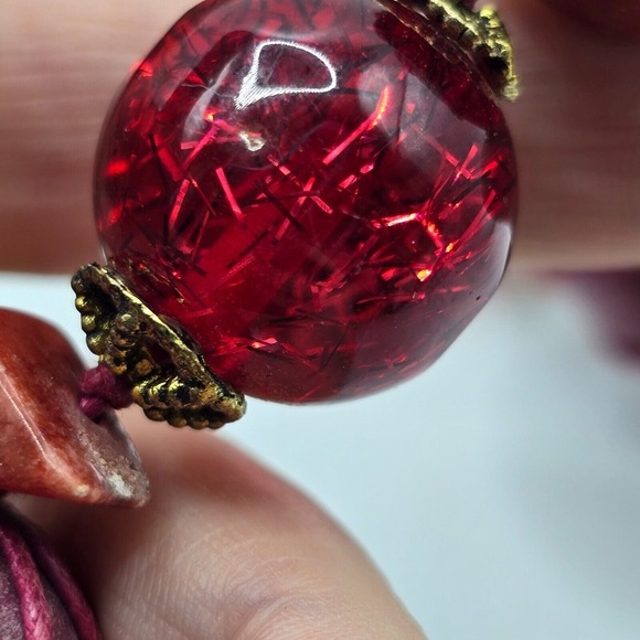 Red Beaded Statement Necklace Corded Gold Tone Spacers Boho Festival - Picture 6 of 9